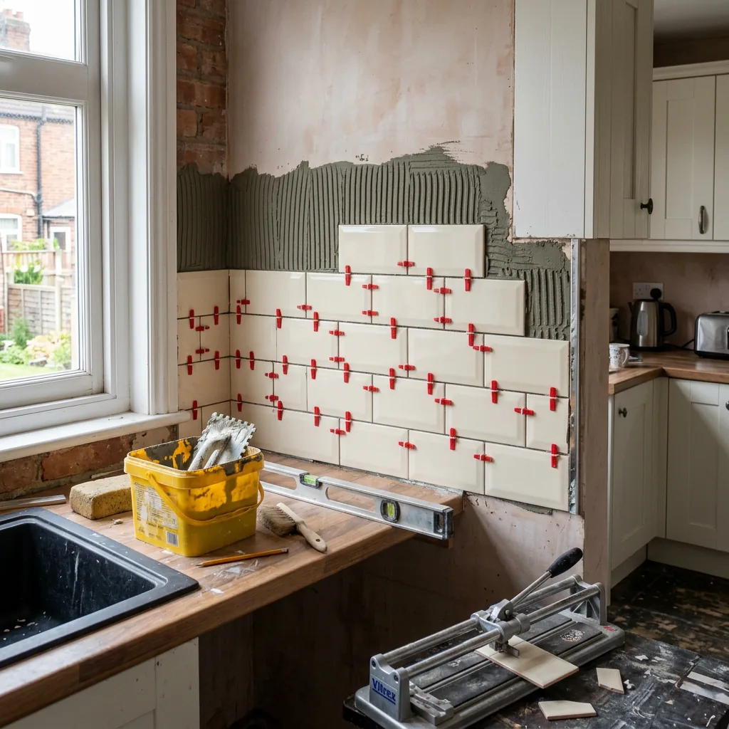 Metro tiles going up as a kitchen splashback in Barking